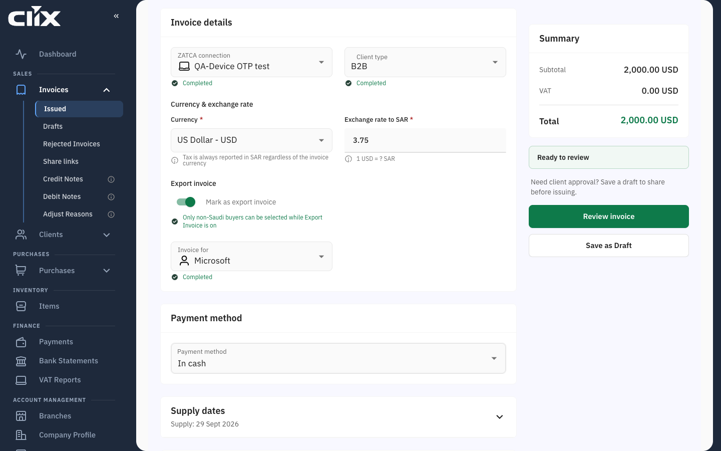 Create invoice with Mark as export invoice switched on, a foreign buyer and USD at 3.75