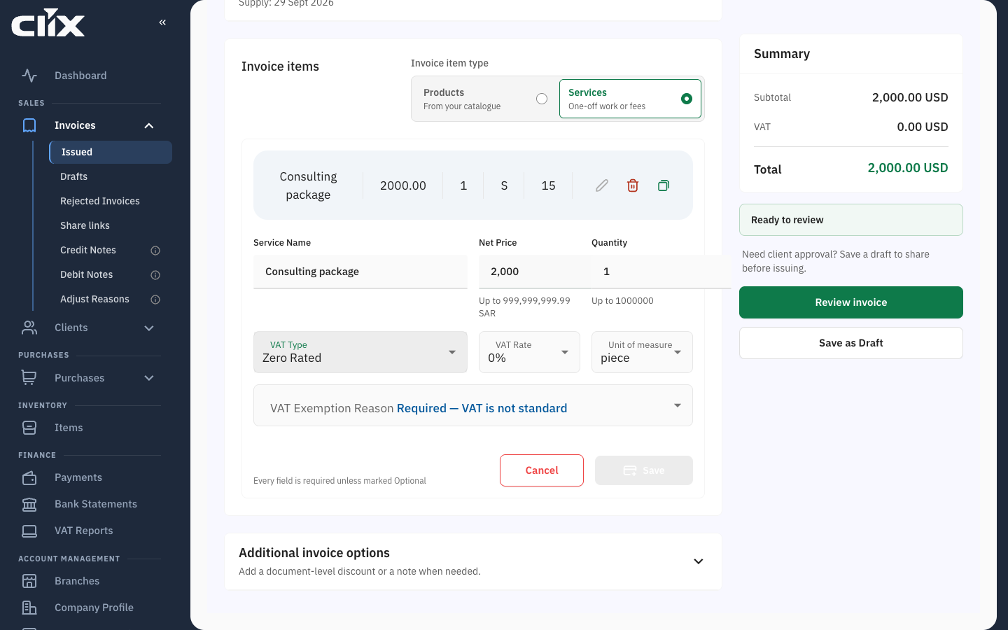 A Zero Rated line: the form asks for a VAT Exemption Reason and keeps Save disabled