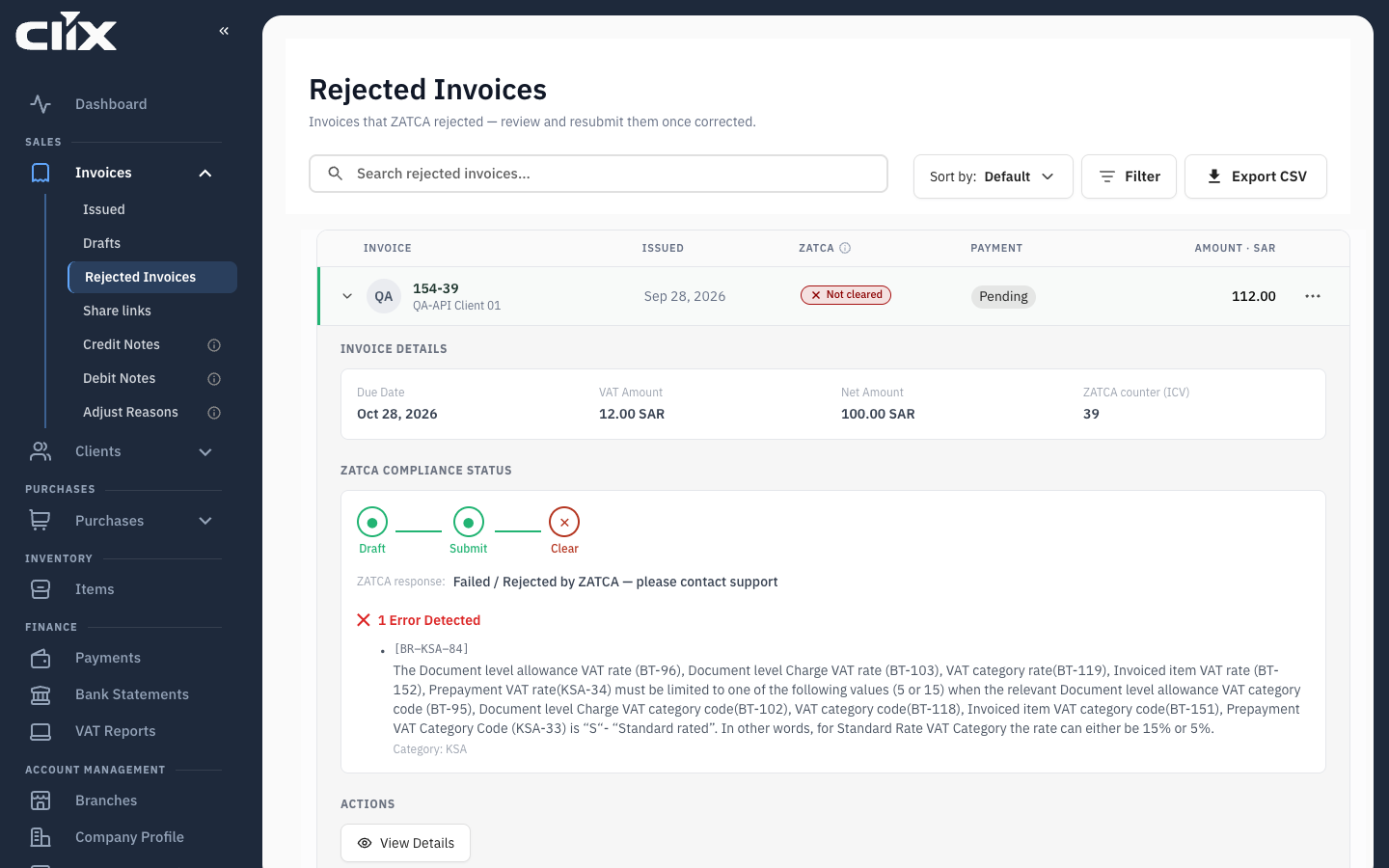 A rejected invoice expanded: Not cleared, with ZATCA's rule BR-KSA-84 and its message
