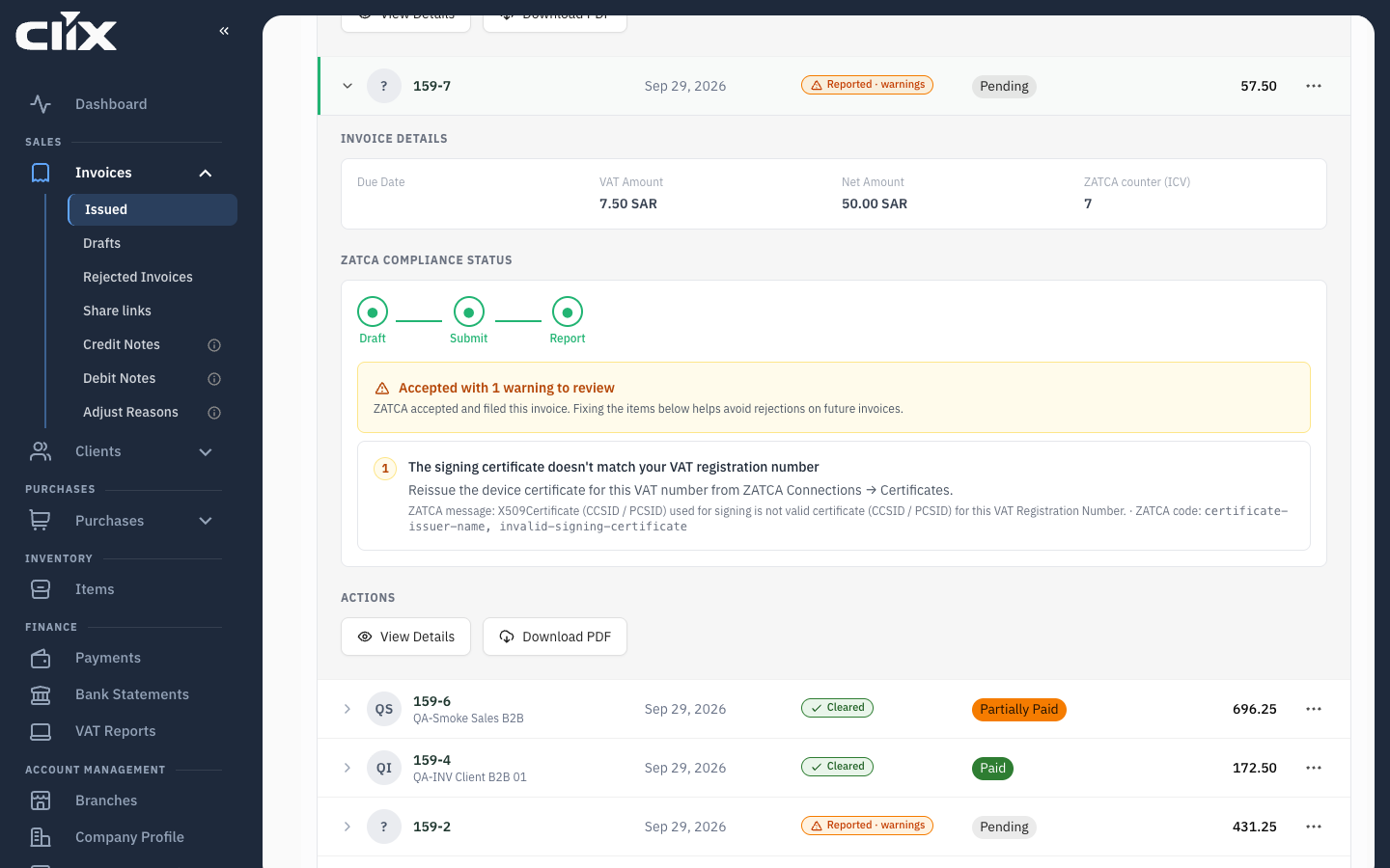 An invoice Reported with warnings: the amber banner and the warning ZATCA returned