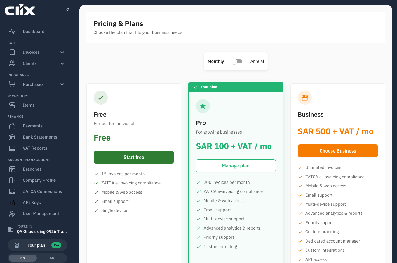 The Clix pricing page showing Free, Pro and Business with a monthly and annual toggle