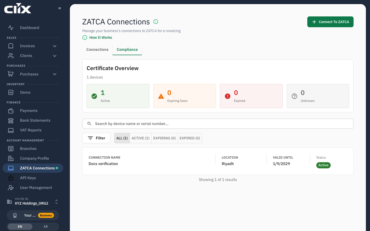 The Compliance tab with one active connection