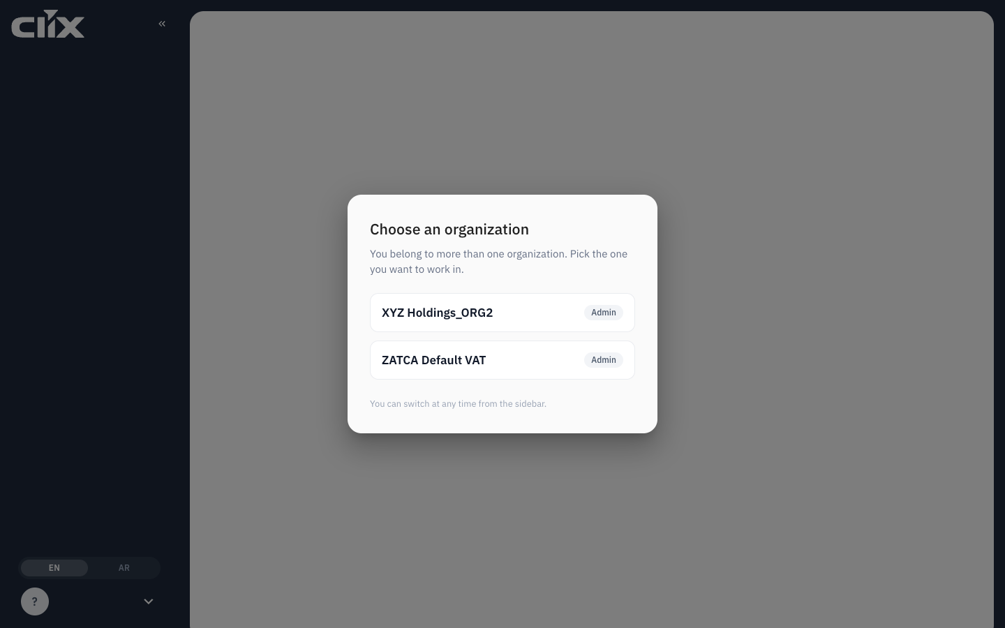 Choose an organization, shown after sign-in
