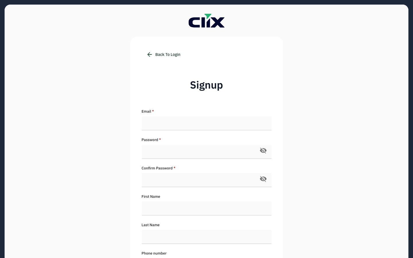 The Clix sign-up page