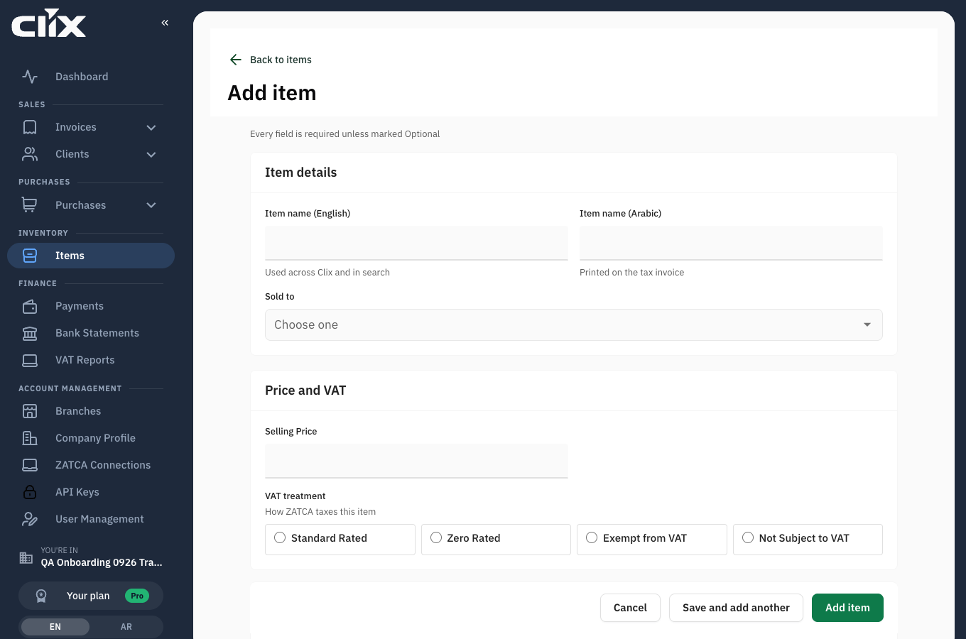 the Add item form