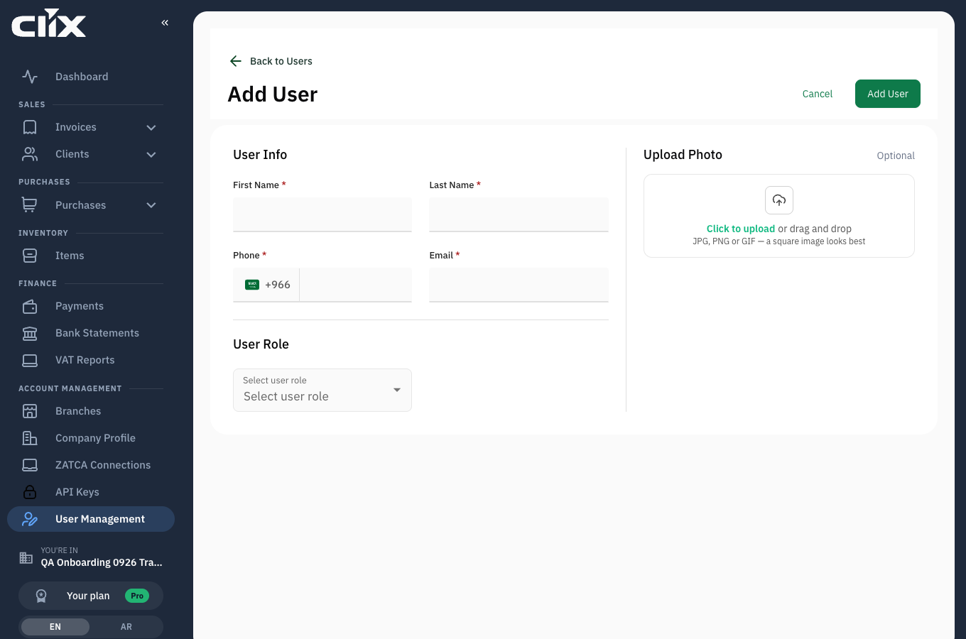 the Add user form