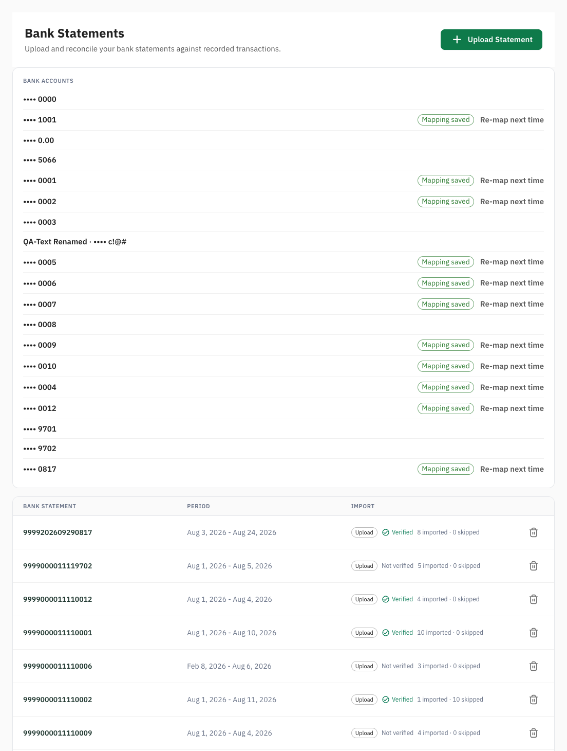 The Bank Statements page with the Bank accounts panel and the statements list