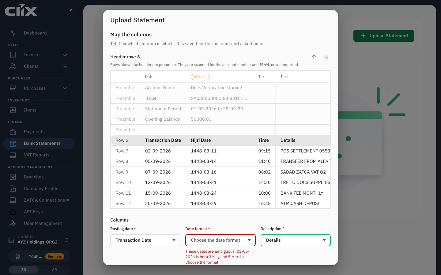 The Map the columns step with the file preview and the column selectors