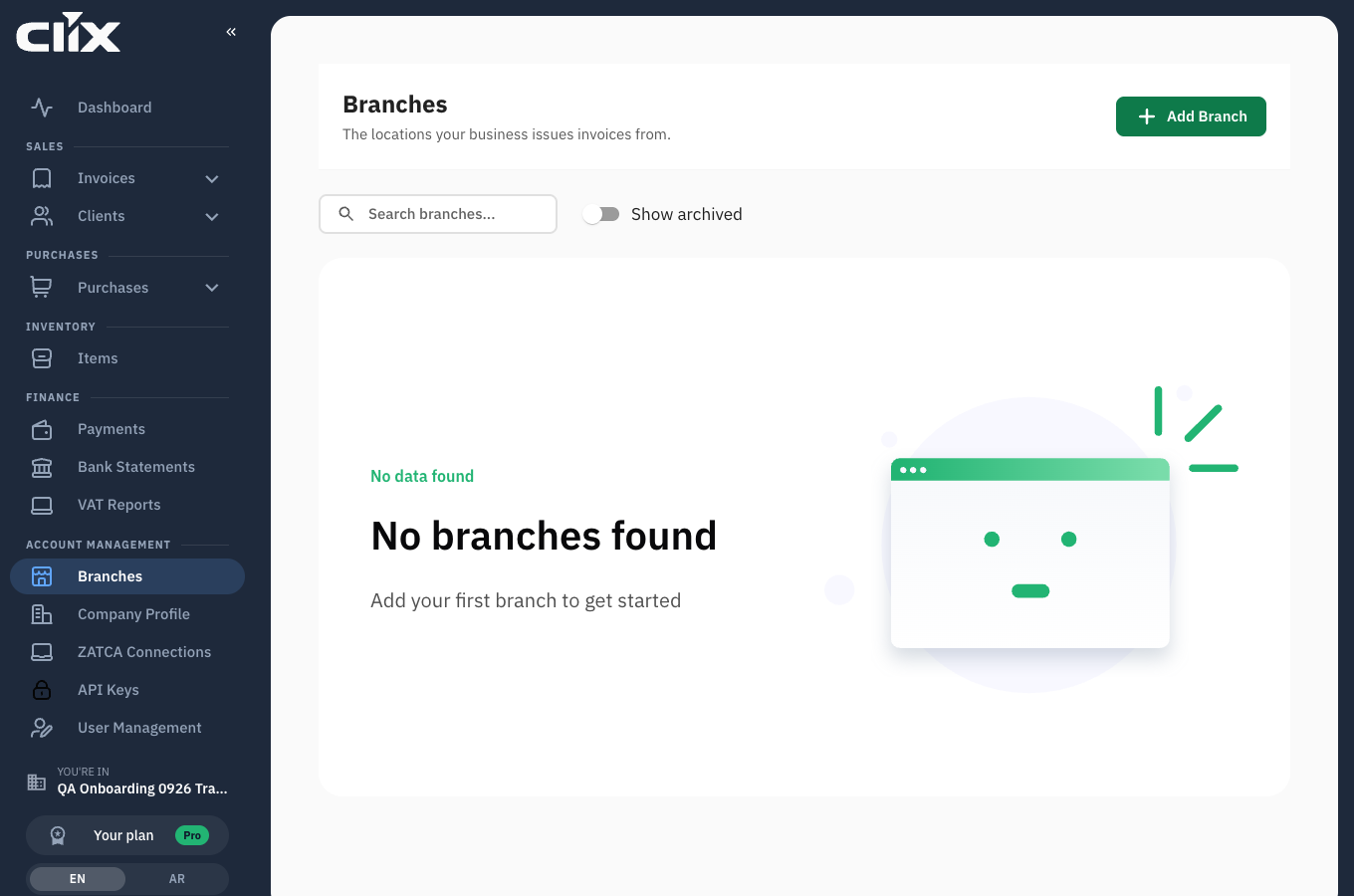 the Branches list with Add Branch