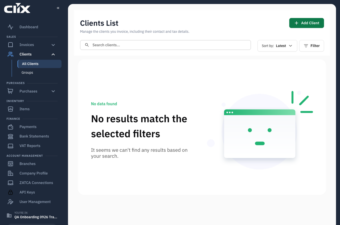the Clients List with Add Client, Sort and Filter