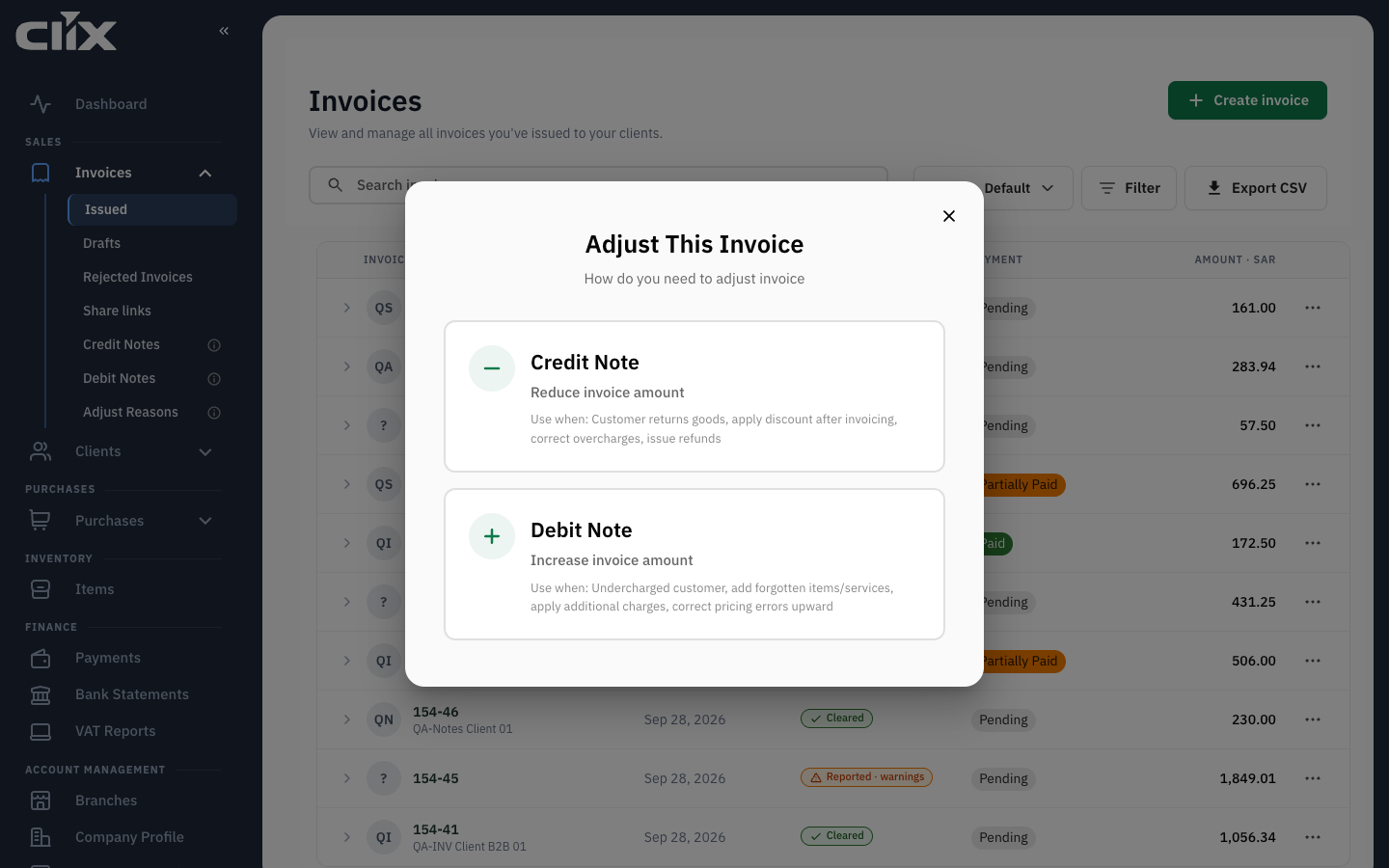 The Adjust This Invoice dialog: Credit Note or Debit Note