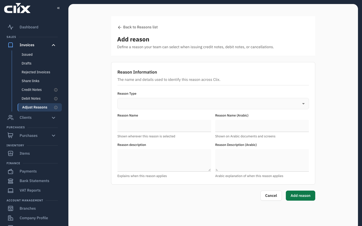 The Add reason form