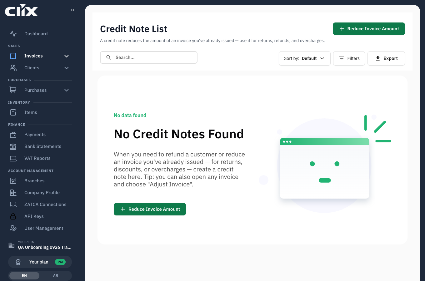 the Credit Notes list