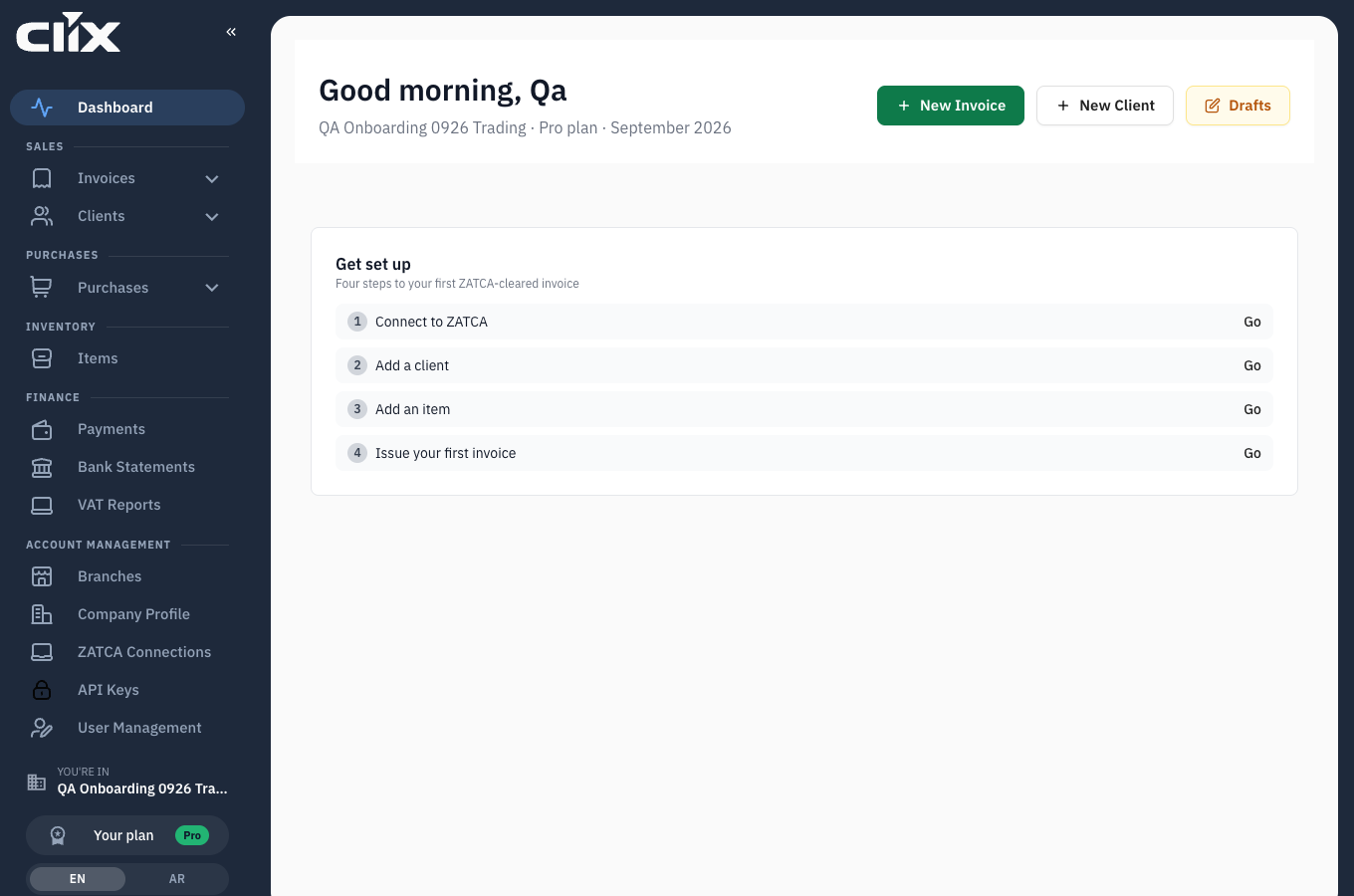 The Clix dashboard showing the greeting, quick actions and the four-step setup checklist