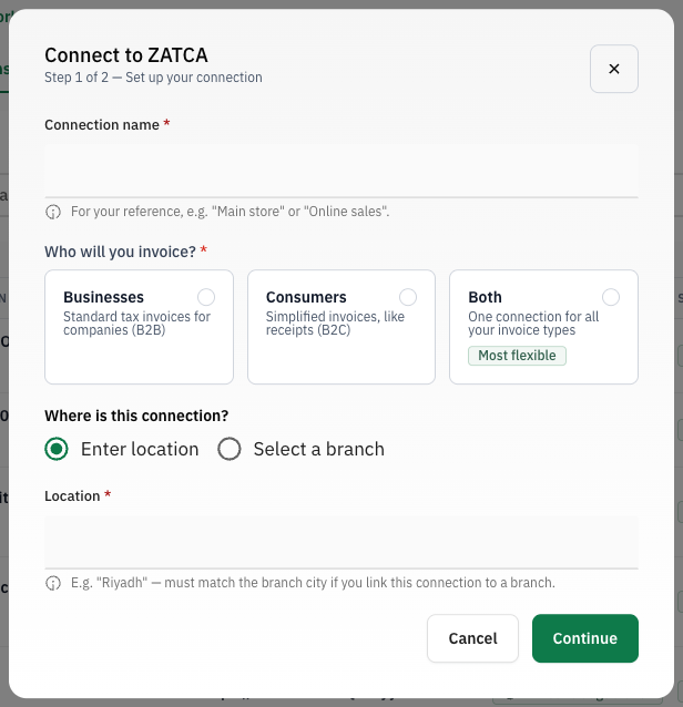 Step 1 of the Connect to ZATCA dialog