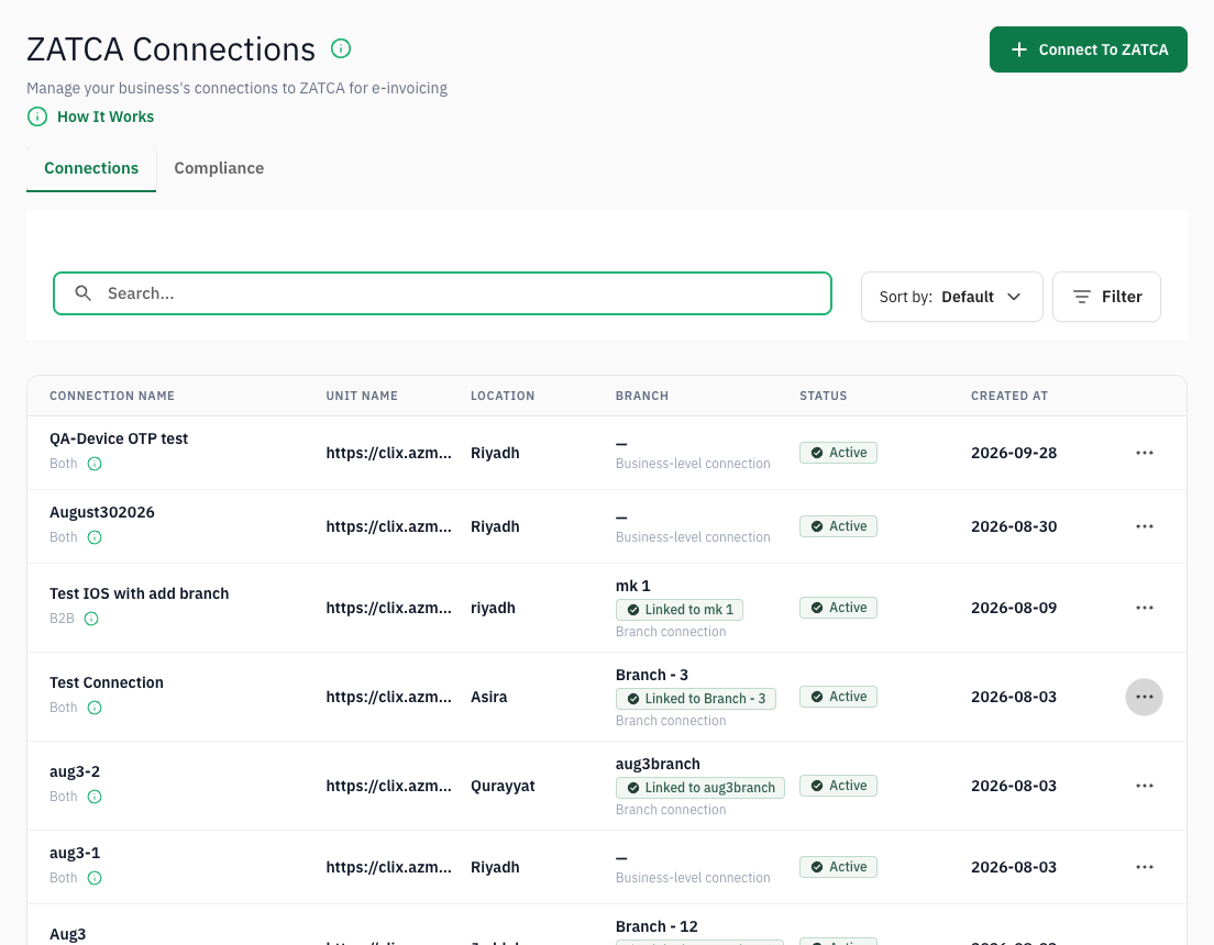 the Connections tab listing connections with their branch and status