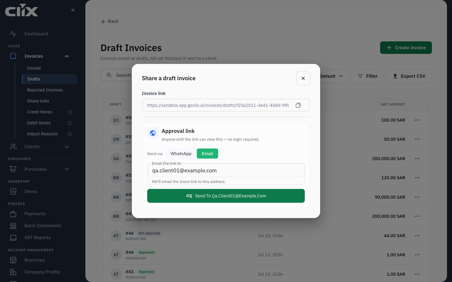 The Share a draft invoice dialog with the Approval link sent by email
