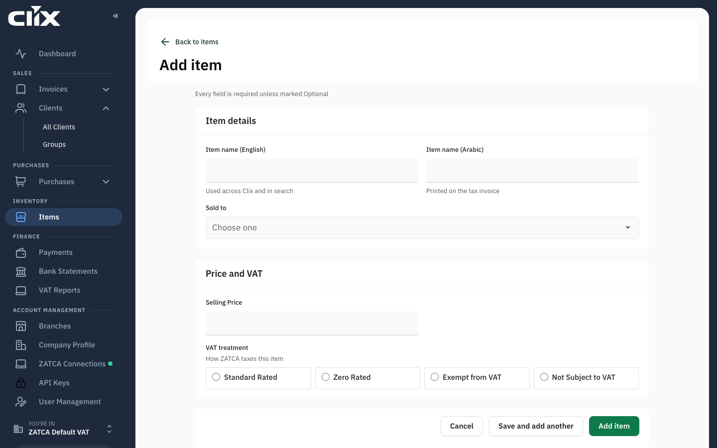 The Add item form: Item details, Price and VAT, and the VAT treatment choices