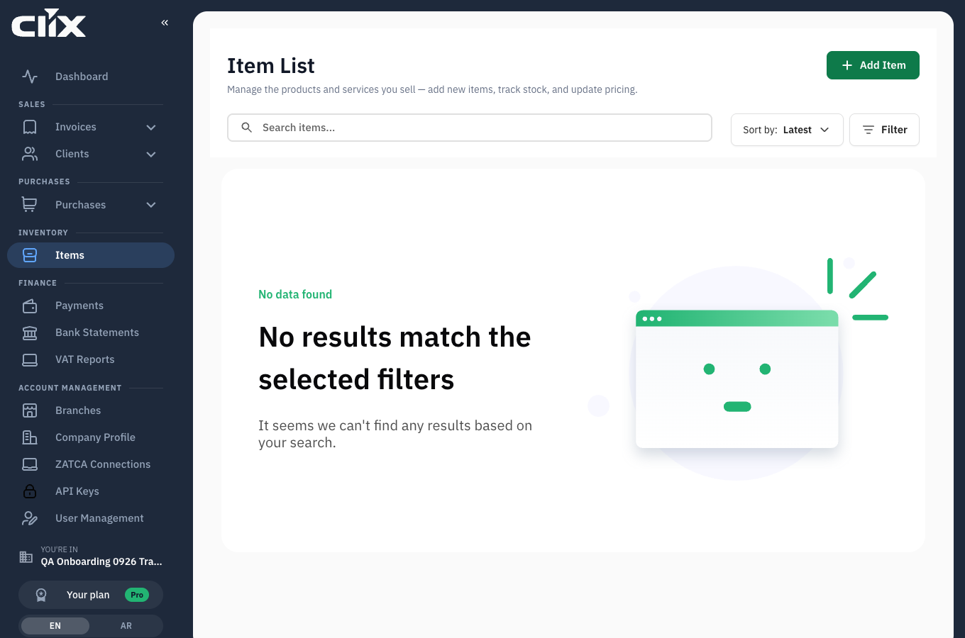 the Item List with Add Item, Sort and Filter