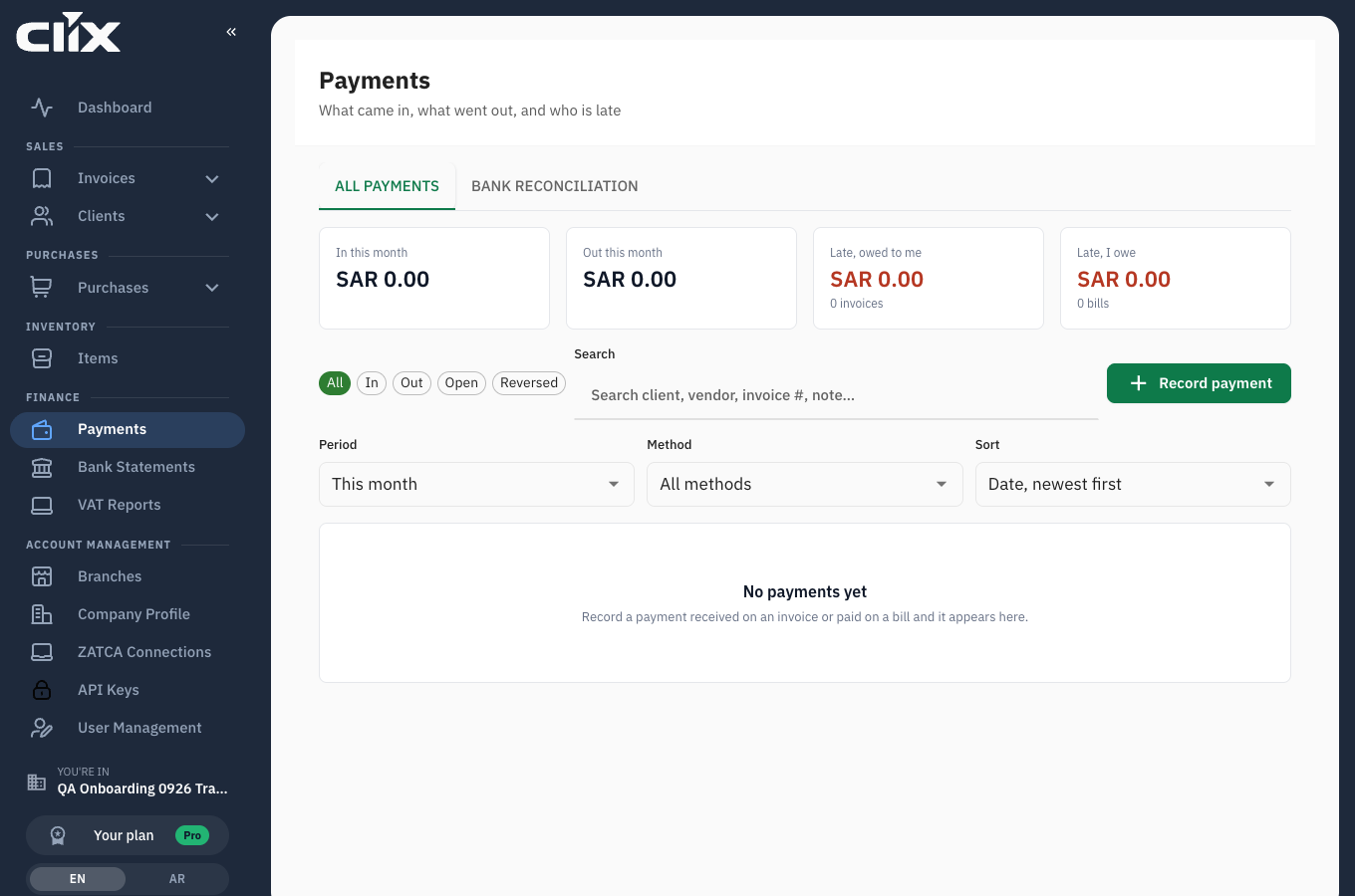 the All payments tab with numbered callouts