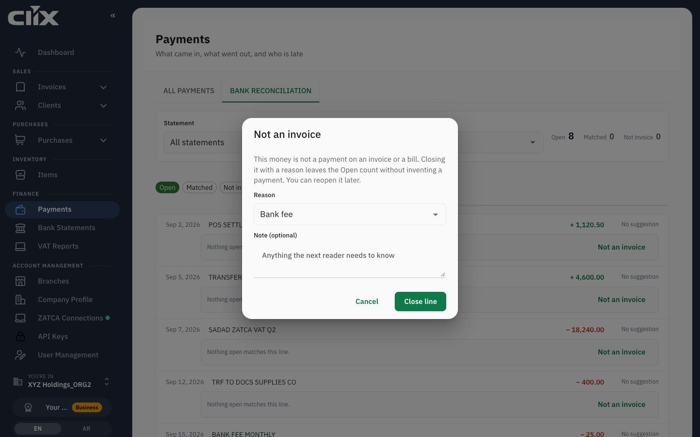 The Bank reconciliation tab with open lines