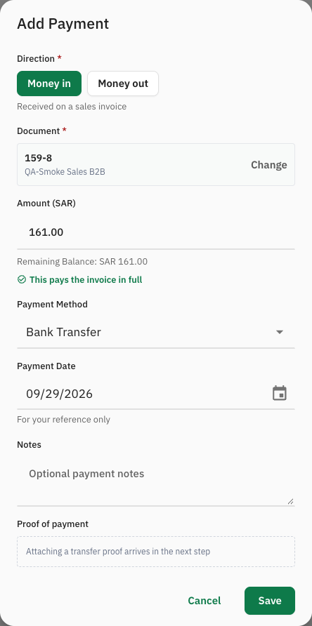 The Add Payment dialog with invoice 159-8 chosen and its remaining balance prefilled