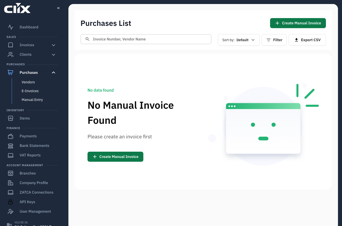 the Purchases List with Create Manual Invoice, Sort, Filter and Export CSV