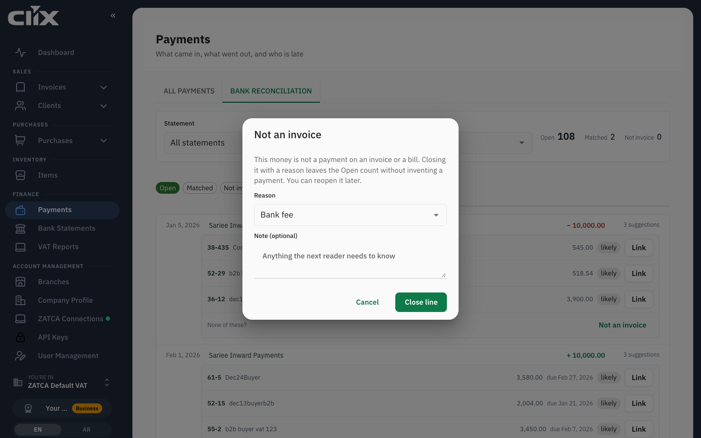 The Not an invoice dialog with Reason Bank fee and Close line