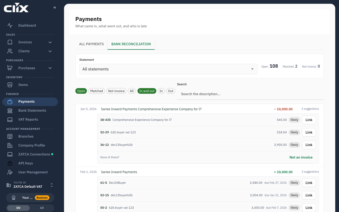 An open bank line with three suggestions, each with a Link button, and Not an invoice below them