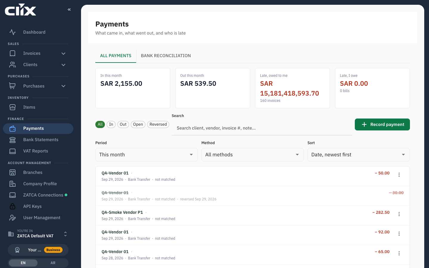 All payments: each payment shows whether it is matched to a bank line, and a reversed payment is struck through