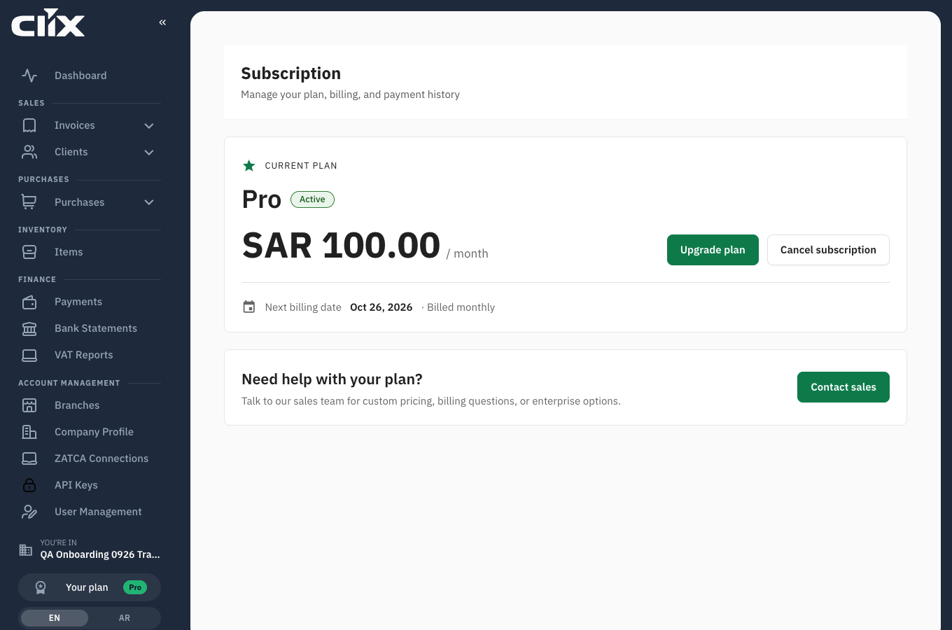 The Clix subscription page showing the current plan, status, price and next billing date