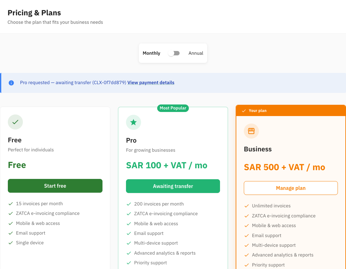 the Pricing & Plans page with the Monthly and Annual switch