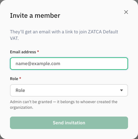 The Invite a member dialog: Email address, Role and Send invitation