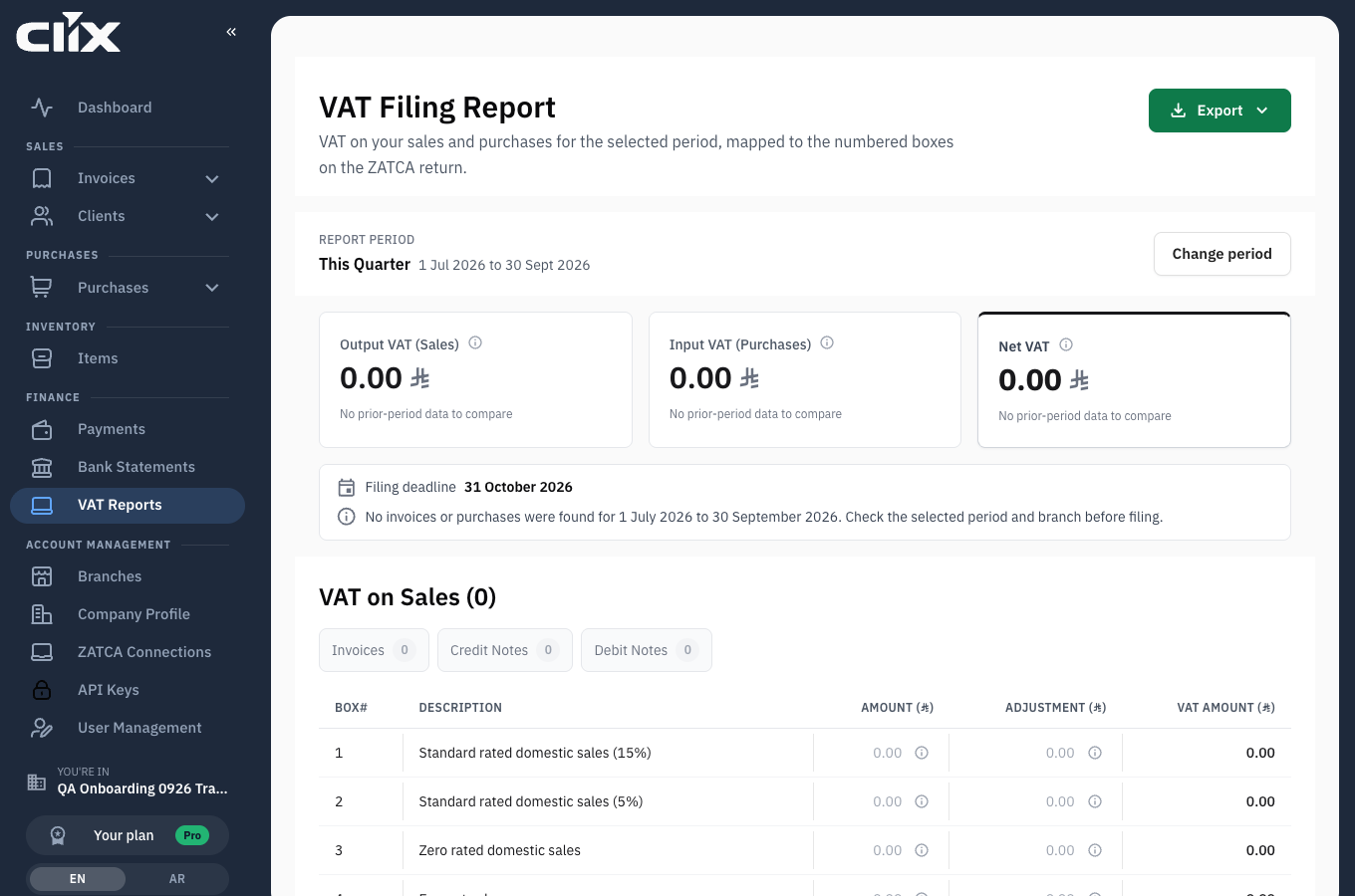 the VAT Filing Report with the period selector and the three summary blocks